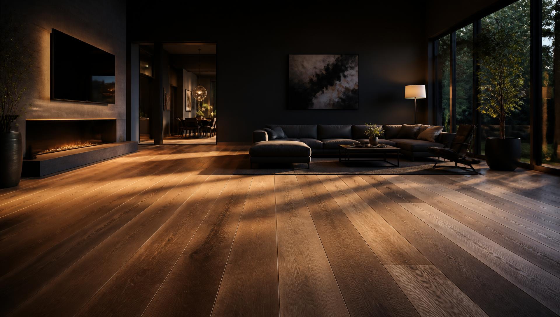 Wide-plank oak hardwood flooring installed in a modern living room